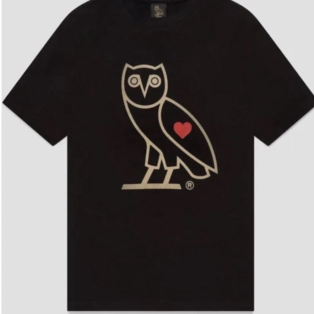OVO Black Tee with Owl and Red Heart
